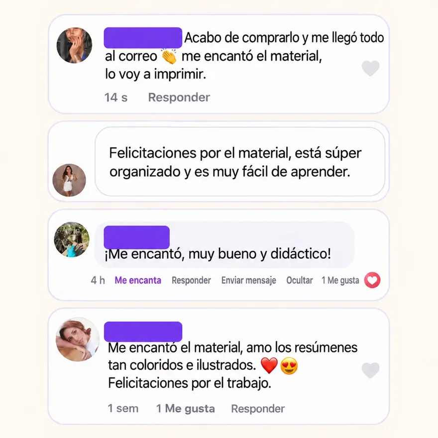 Comentarios reales de clientas: me encantó el material, muy organizado y fácil de aprender, muy didáctico